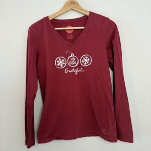 Women's Life is Good Grateful V-Neck Long Sleeve Shirt Ornaments Size XS‎